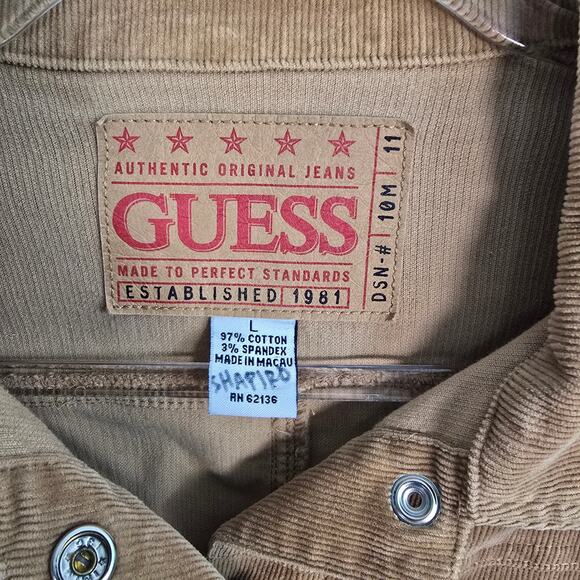 Vintage Y2K GUESS Corduroy Shirt Jacket Raw Hem Camel Snap Front Large - Picture 3 of 10